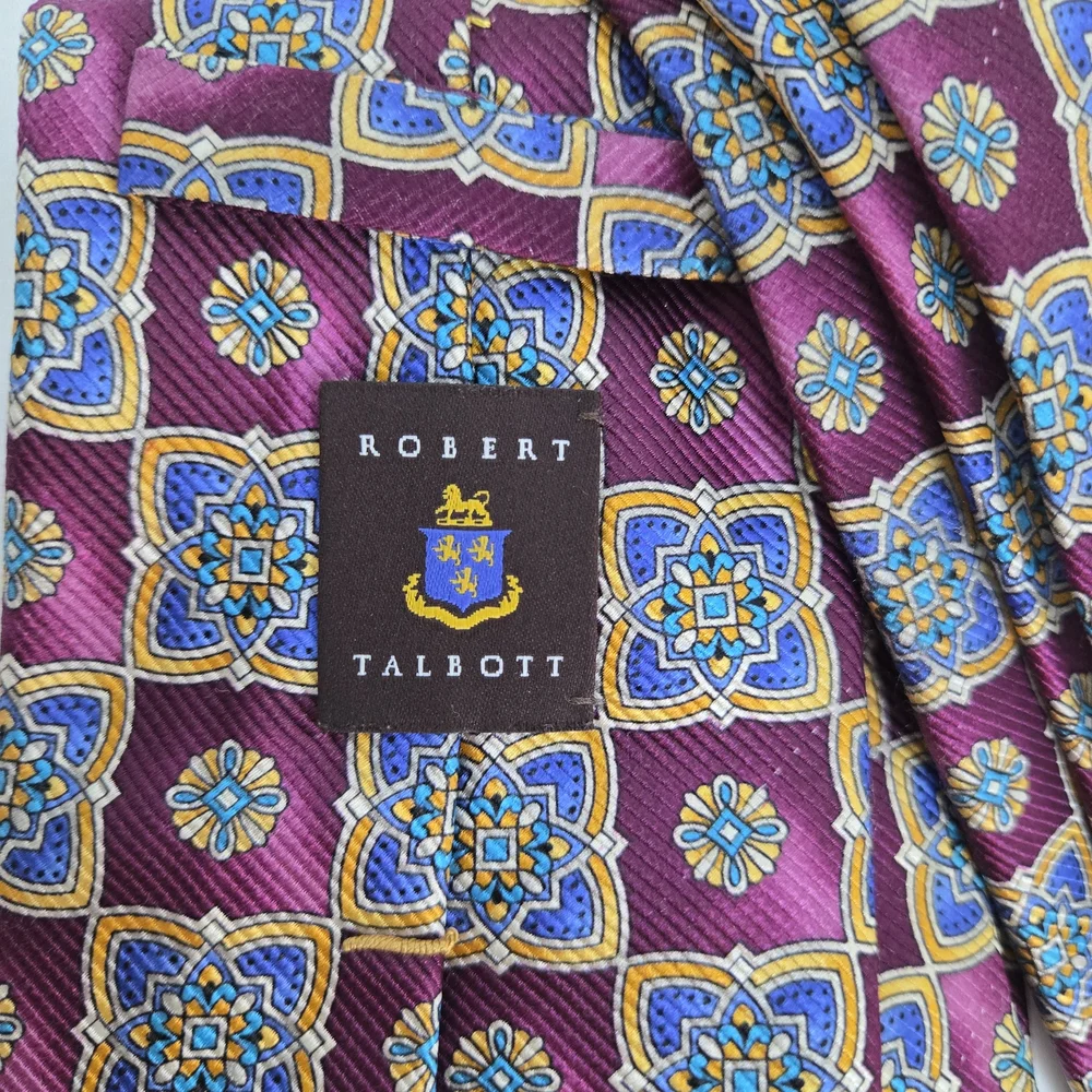 Robert Talbott Best of Class Burgundy Blue Geometric Floral 100% Silk Career Tie